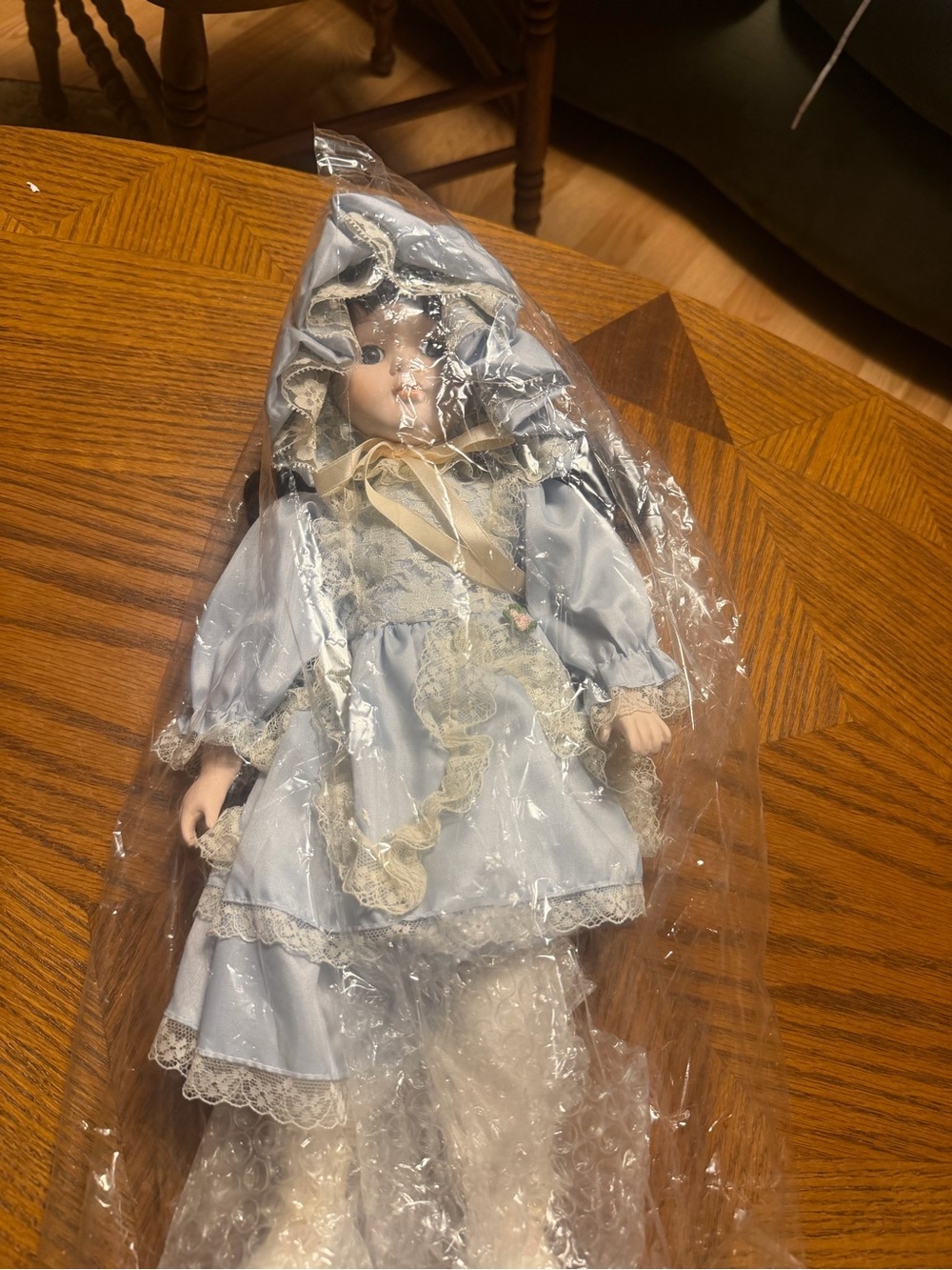 Goebel Porcelain Doll in Light Blue Lace Dress and Bonnet